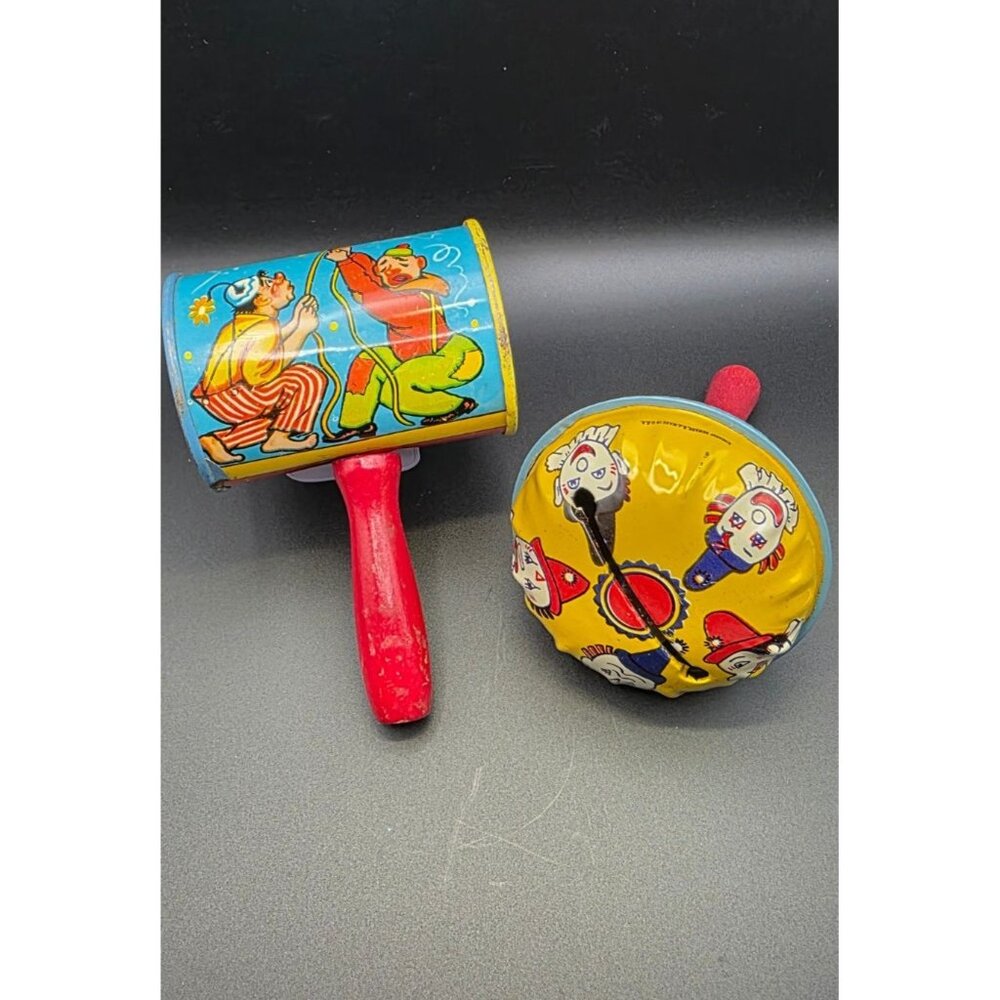 Vintage Clowns Dog Tin Litho Party Noisemakers Kirchhof USA Red Wood Handles